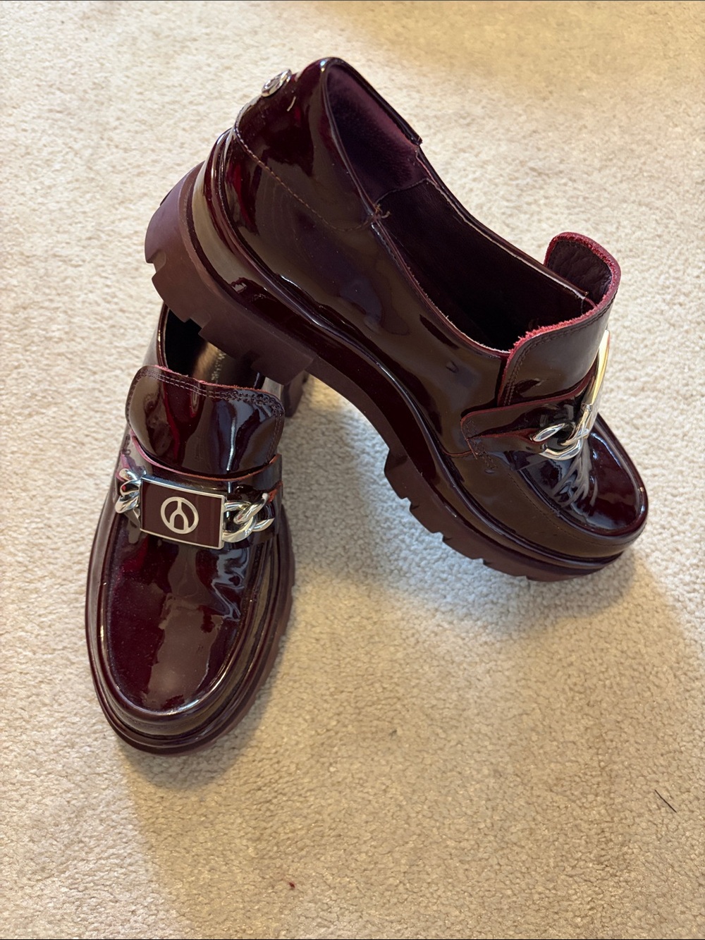 Patent-Finish Leather Burgundy Rubber Platform Loafers with Chain Accent